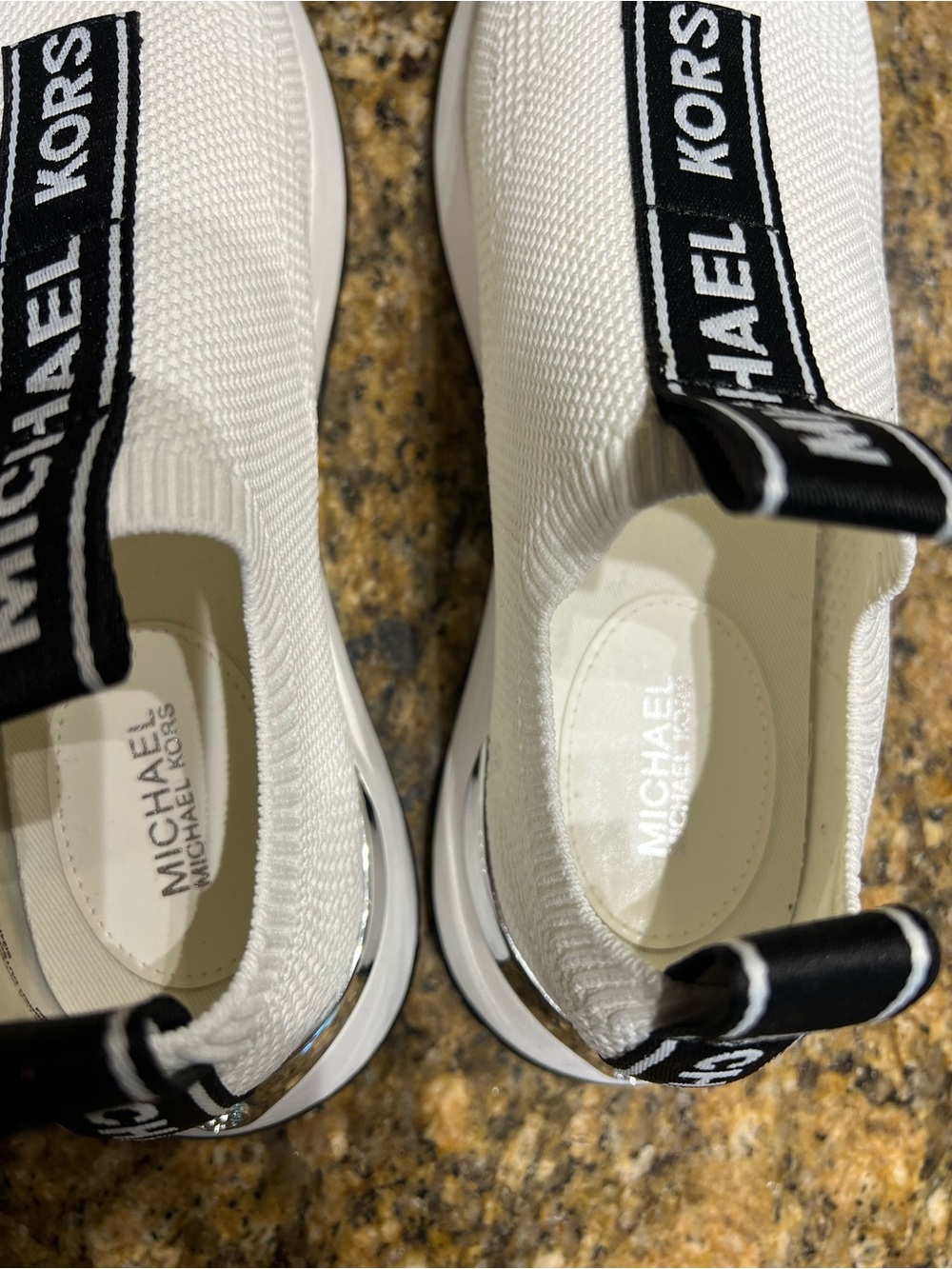 Michael Kors White Slip-On Knit Sneakers with Black Branding - Picture 5 of 9